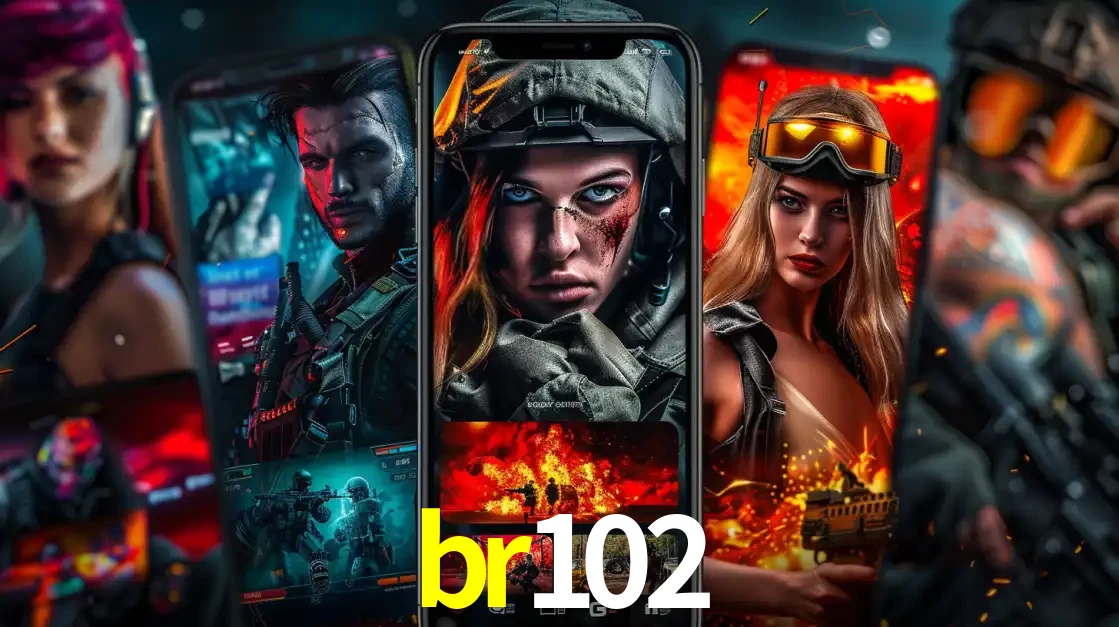 Montagem de telas de celular mostrando diversos personagens, masculinos e femininos, de um jogo de tiro, ilustrando a diversidade de equipes de e-sports para apostar no br102.