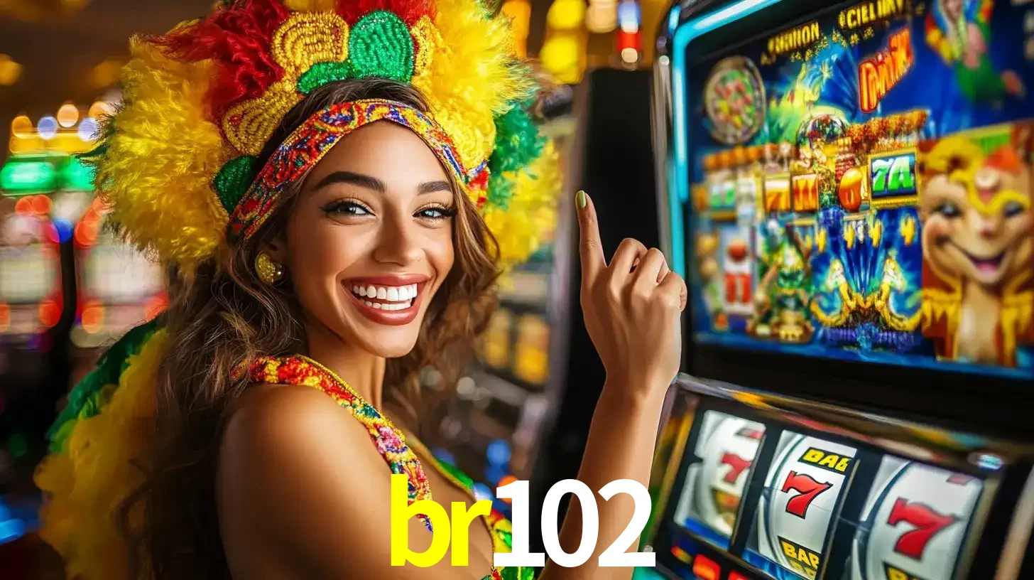 Mulher animada com um cocar de carnaval apontando para uma máquina de caça-níqueis, mostrando a emoção de ganhar um grande prêmio nos jogos do br102.