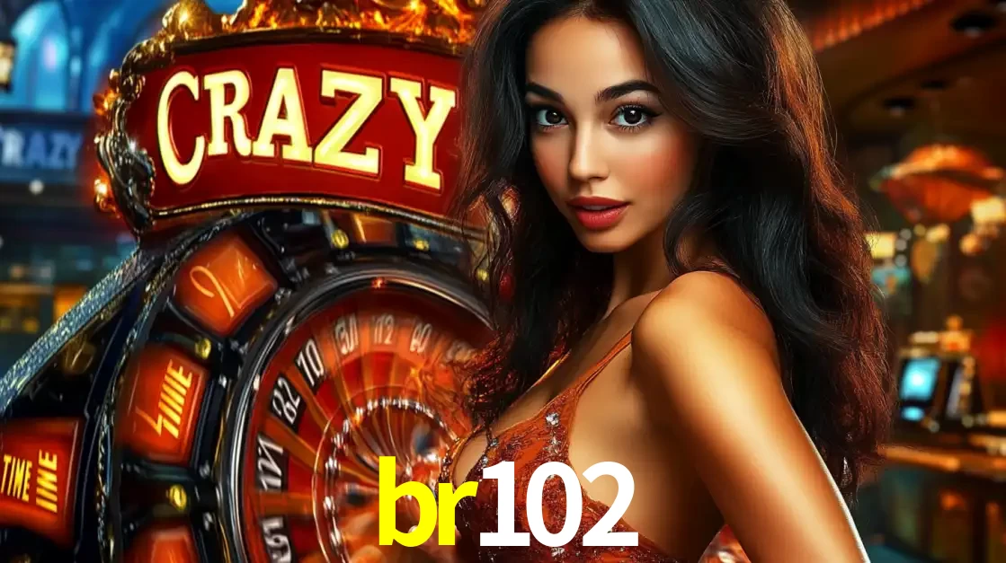 Mulher glamourosa olhando para a câmera com a roda vermelha do Crazy Time ao fundo em um ambiente de cassino, destacando a emoção dos jogos ao vivo no br102.