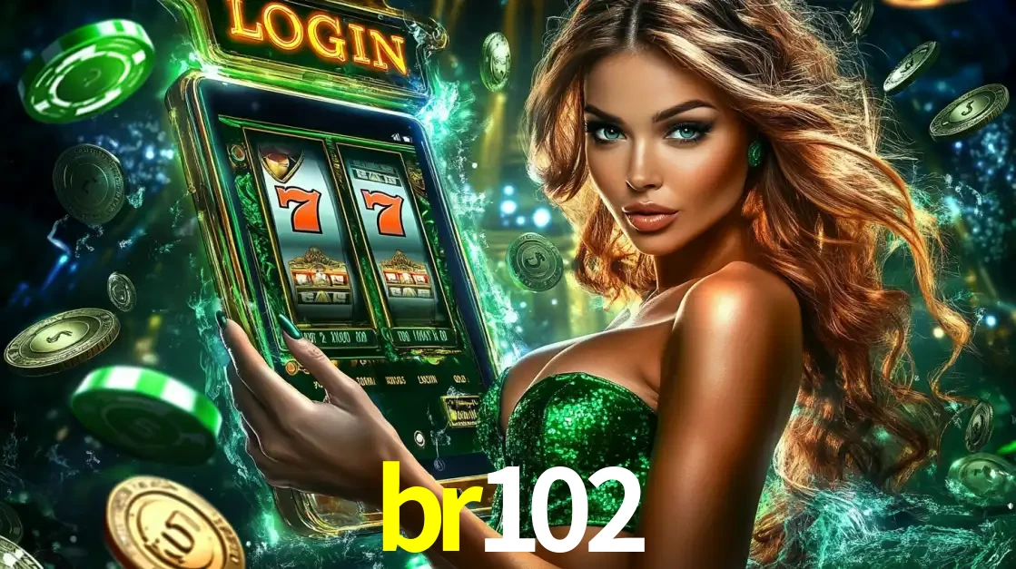 Mulher com tema verde apresentando o aplicativo do cassino br102 com um jogo de slot de 777, cercada por fichas de cassino e uma aura de sorte.