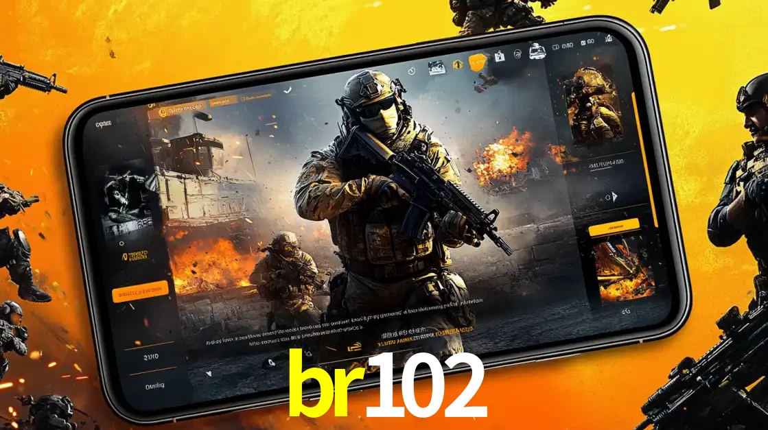 Um smartphone exibindo a interface de um jogo de tiro em primeira pessoa, com um soldado em um cenário de batalha, representando a ação dos e-sports para apostar no br102.