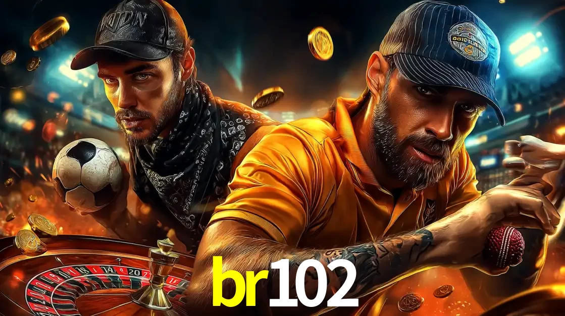 Montagem de apostas esportivas e cassino no br102, com um homem segurando uma bola de futebol e outro uma de beisebol sobre uma roleta e moedas voadoras.