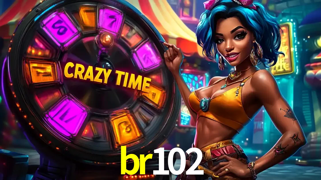 Mulher estilizada com cabelo azul e visual vibrante posando ao lado da roda de prêmios do game show Crazy Time, convidando para a diversão e os bônus do cassino br102.
