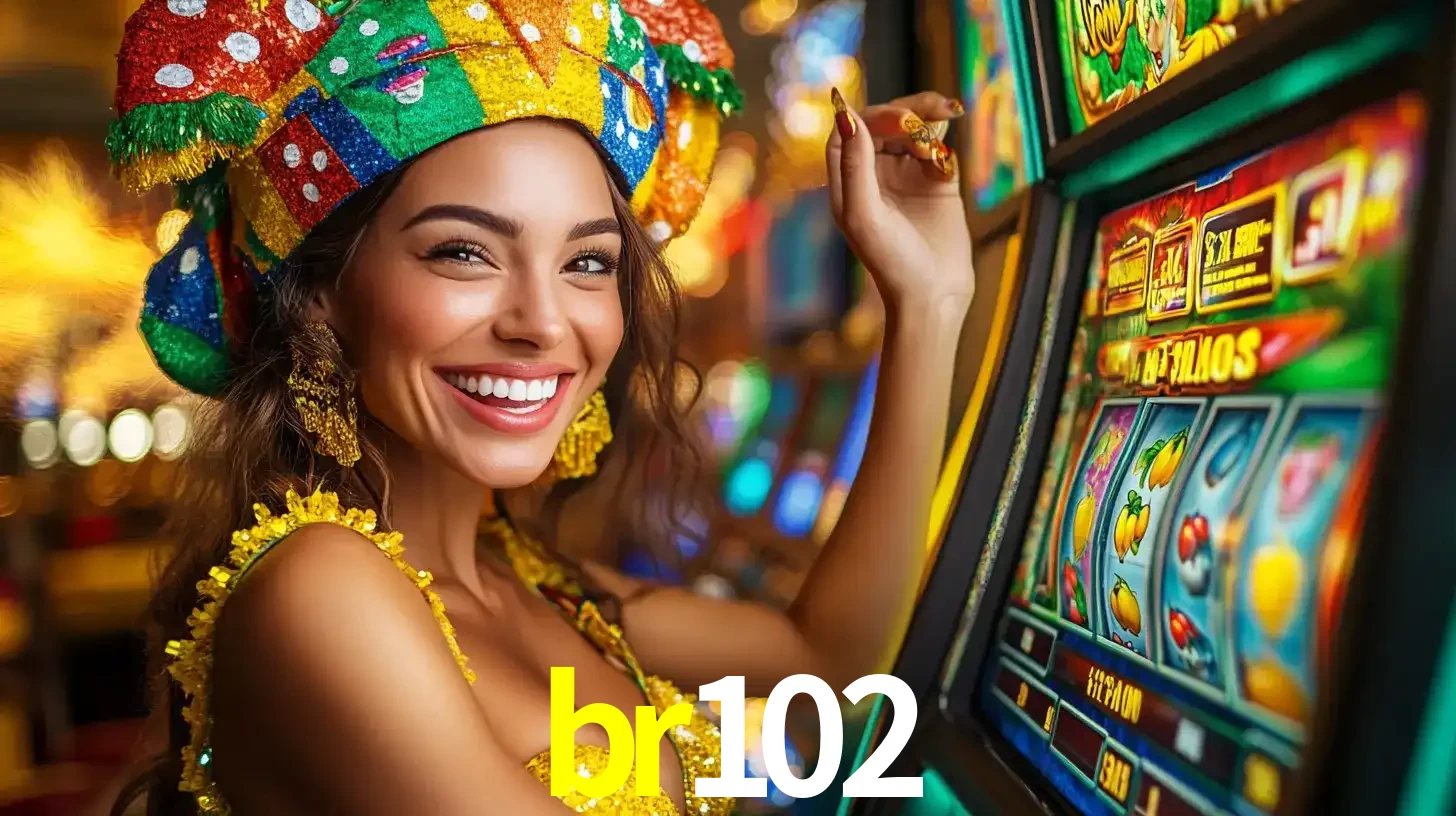 Mulher feliz com traje de carnaval amarelo e colorido ao lado de uma máquina de caça-níqueis, aproveitando a diversão e os jogos temáticos do cassino br102.