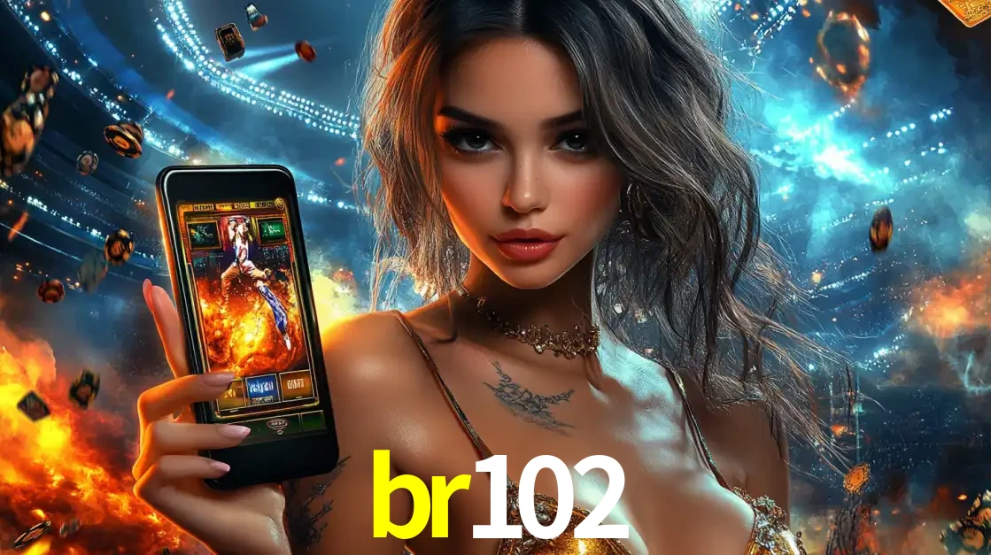 Mulher segurando um celular com um jogo de slot em destaque, tendo como fundo um estádio vibrante, simbolizando a emoção de jogar no cassino móvel br102.
