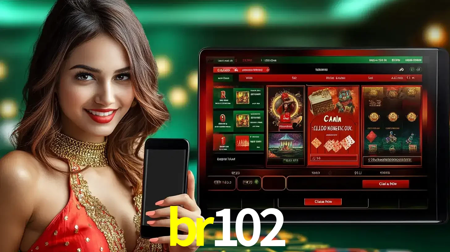 Mulher sorridente segurando um smartphone, ao lado de uma tela exibindo o lobby de jogos do cassino online br102, com várias opções de jogos de cartas e slots.